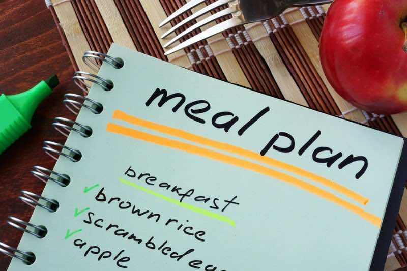 Notepad with meal plan and apple.