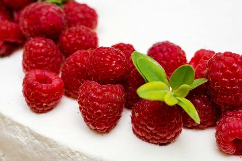 Delicious cake with fresh raspberries. Red raspberries.