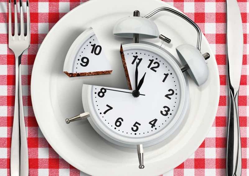 Time to eat concept cut clock on plate
