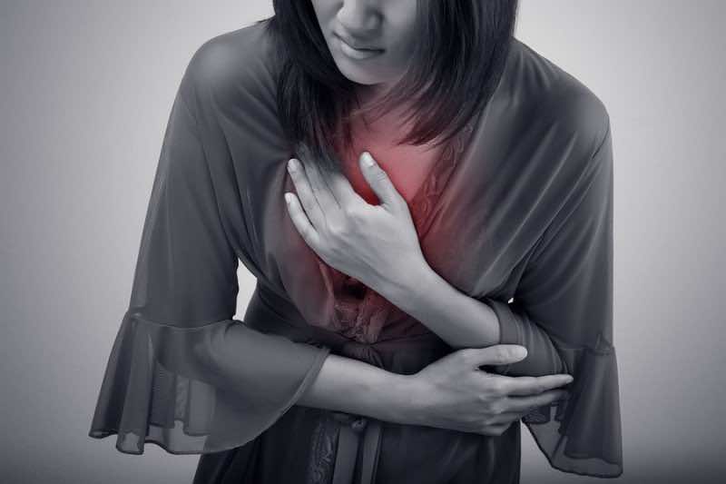 Woman suffering from acid reflux or heartburn
